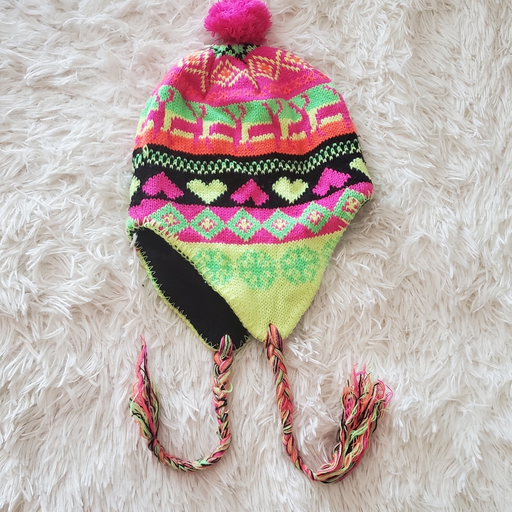 Neon Colorful Knit Pom-Pom Trapper Knit Winter Hat for Kids Yarn Braided Tassles